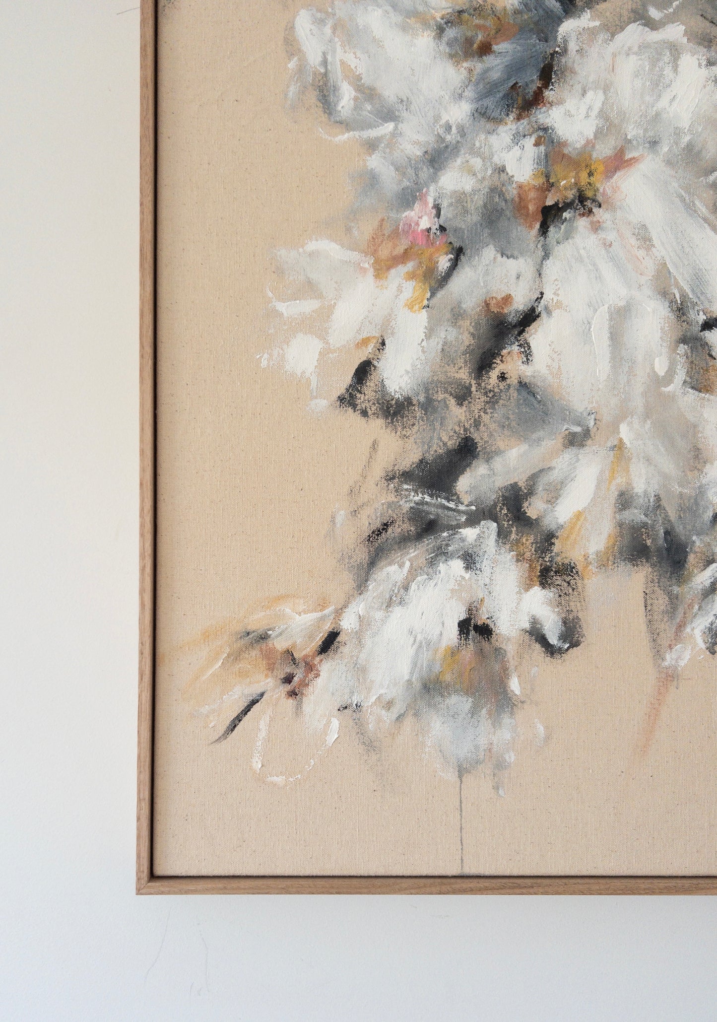 Falling Light by Jeannie — an original floral painting of white blooms in soft light, framed in natural oak timber.