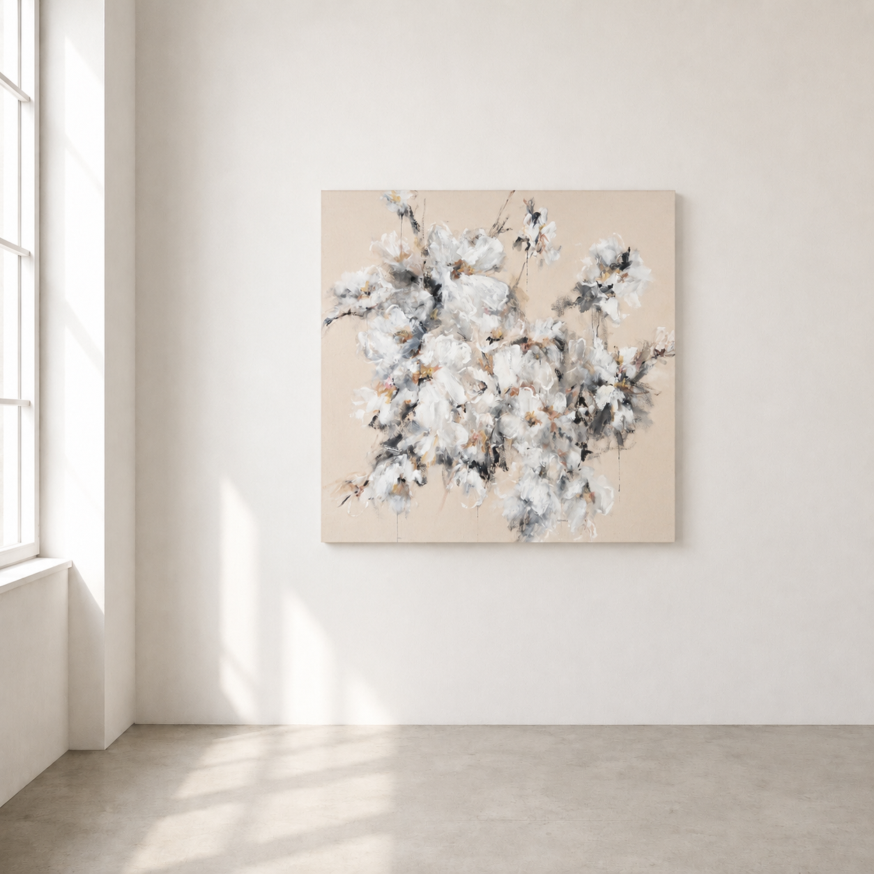 Falling Light by Jeannie — an original floral painting of white blooms in soft light, framed in natural oak timber.