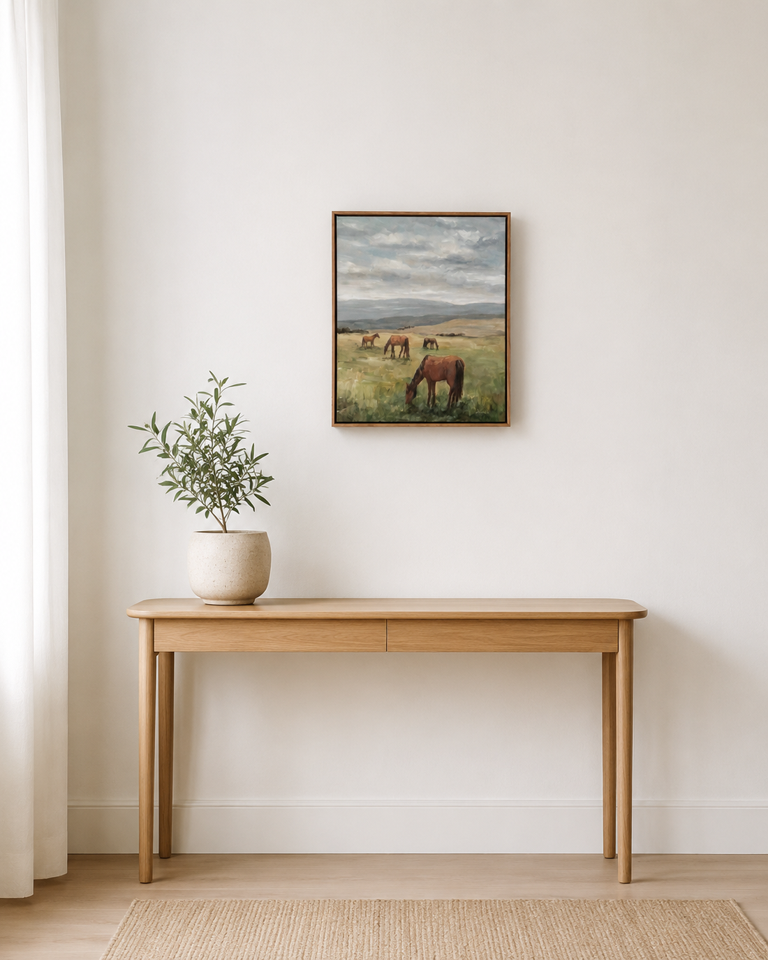 Grazing Paddock original Australian landscape painting with horses, framed in natural oak timber