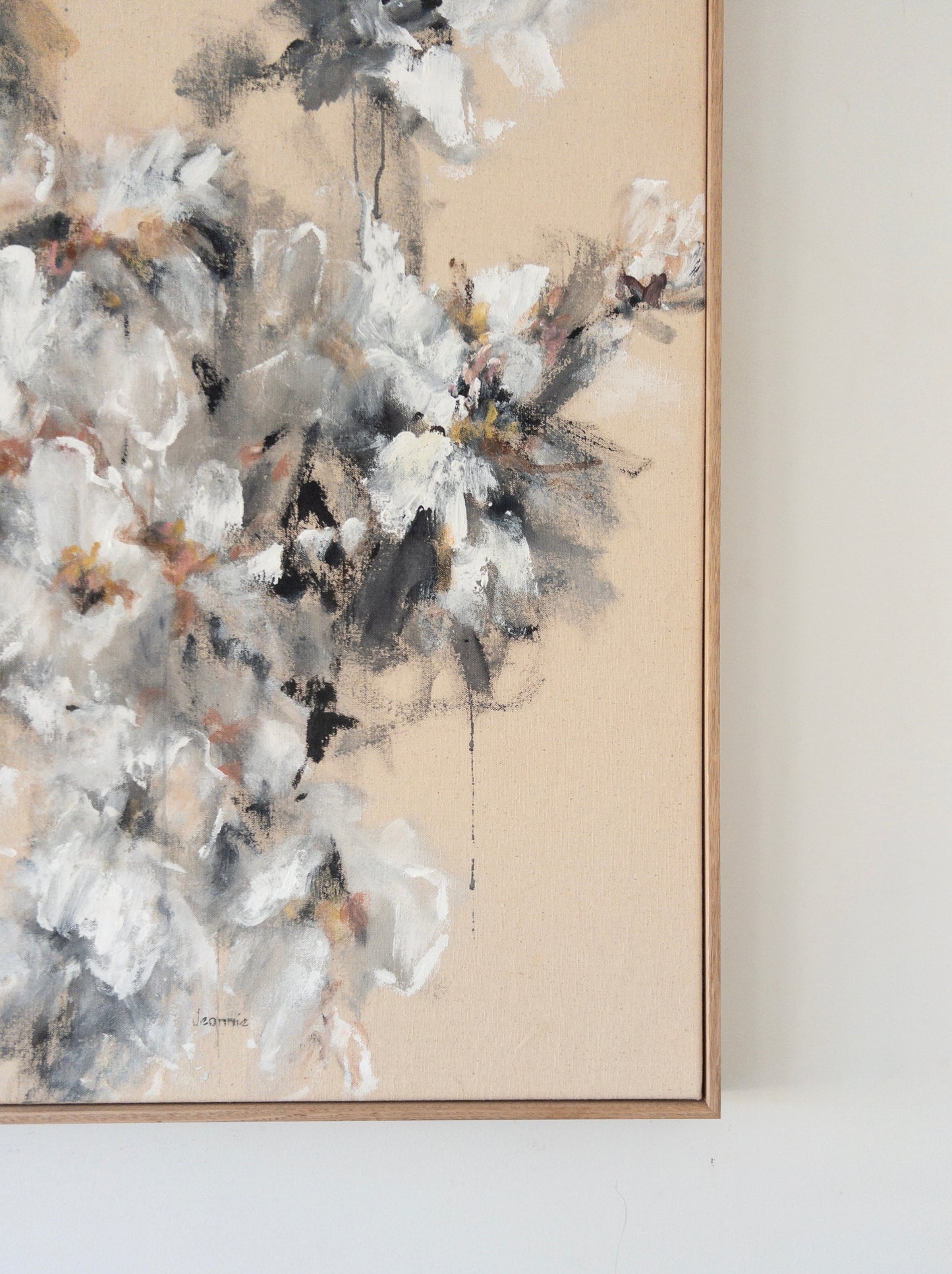 Falling Light by Jeannie — an original floral painting of white blooms in soft light, framed in natural oak timber.