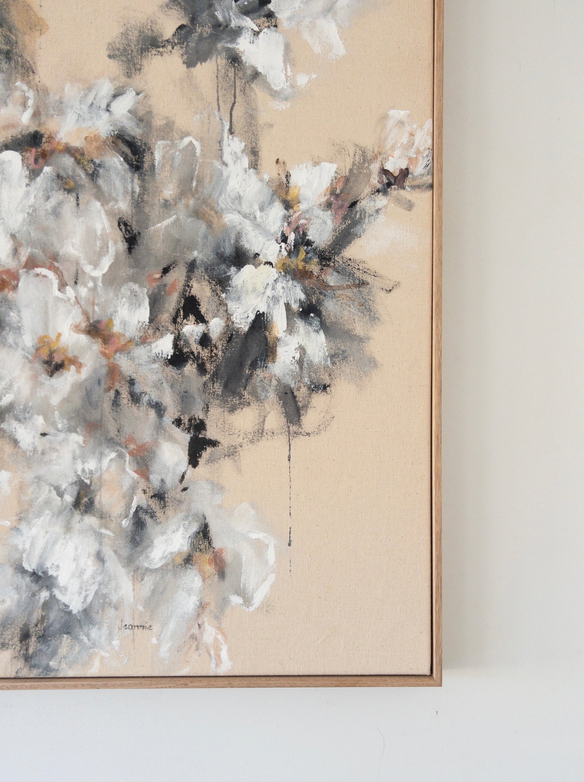 Falling Light by Jeannie — an original floral painting of white blooms in soft light, framed in natural oak timber.