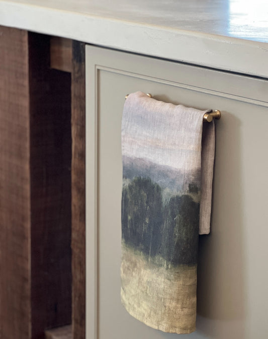 Kangaloon View tea towel by Jeannie — a Belgian linen tea towel printed with Jeannie's Southern Highlands landscape artwork.