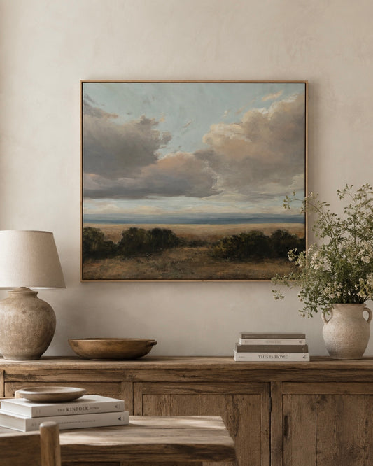 Faraway Calm original Australian landscape painting in earthy tones, framed in natural oak timber