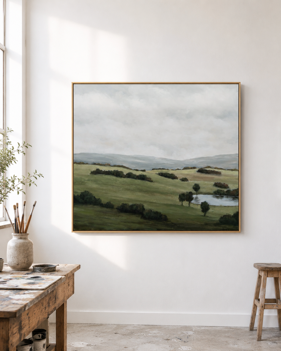 Calm After the Rain by Jeannie — an original Australian landscape painting of green rolling hills under a soft sky, framed in natural oak timber.